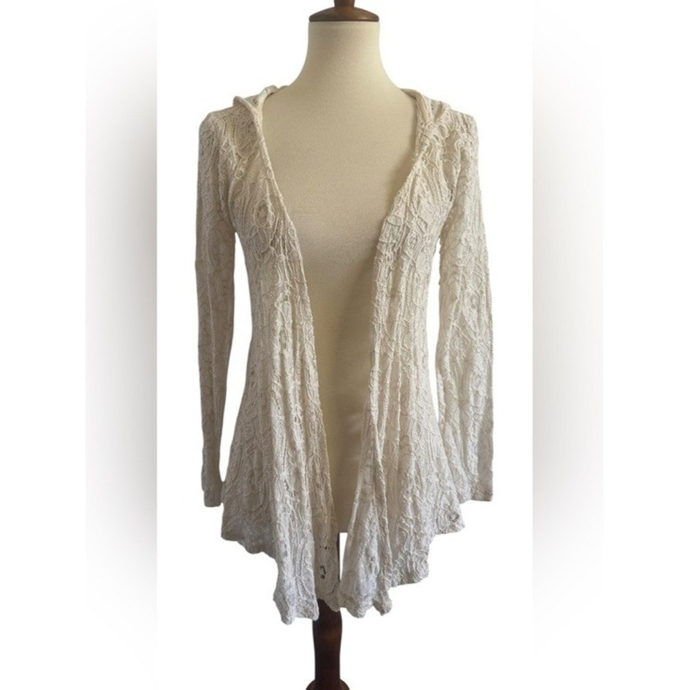 Y2K Boho Belldini Crochet Lace Open Front Hooded Cardigan S